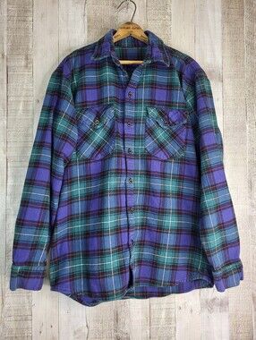 Vermot Flannels Men's Plaid Flannel Button-Up Shirt in Purple & Teal. Size Large